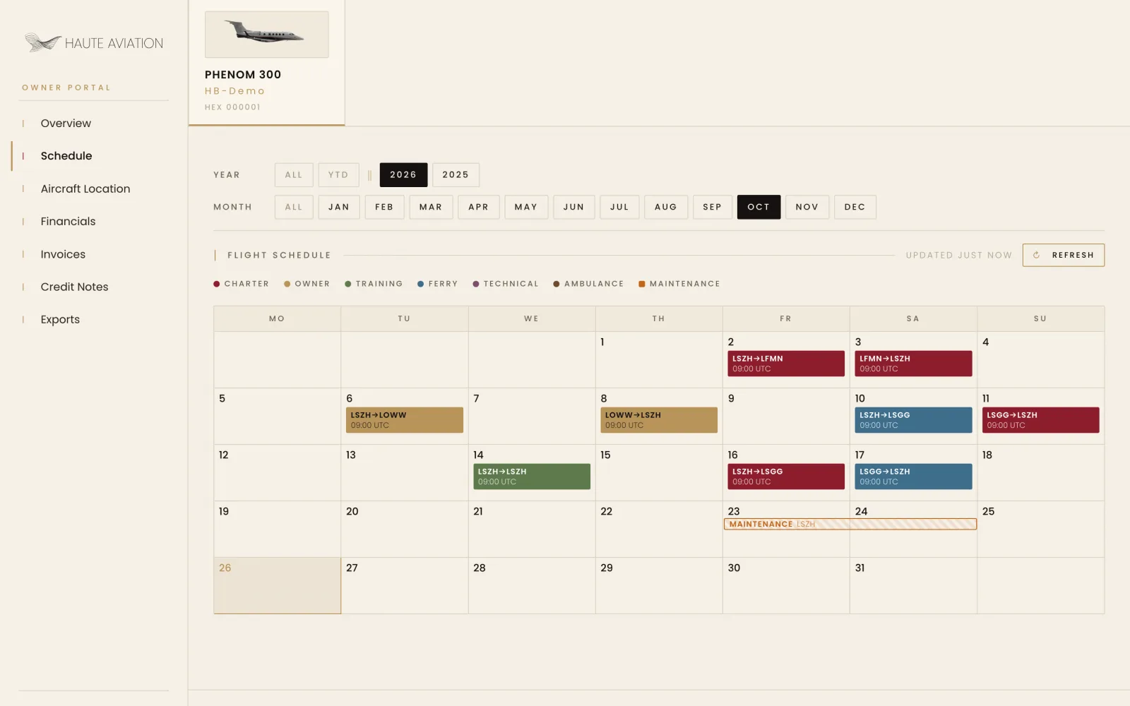Owner Portal: Flugplan des Monats im Kalender, mit Wartung
